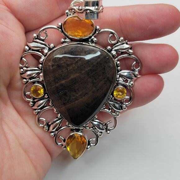 Sterling Silver Bronzite and Citrine Pendant Necklace - 20" Chain - Picture 2 of 7